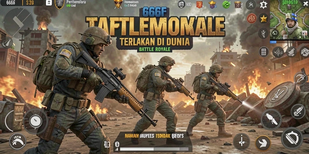 Screenshot gameplay 666F menampilkan pertempuran intens di medan perang Battle Royale.