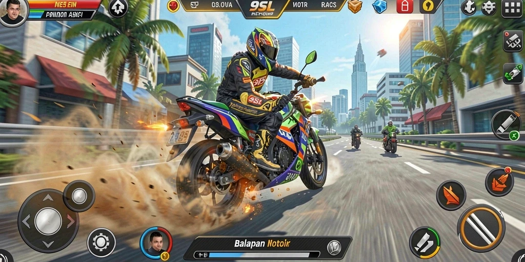 Tampilan permainan balapan seru di 9SL dengan motor yang berkarakter.