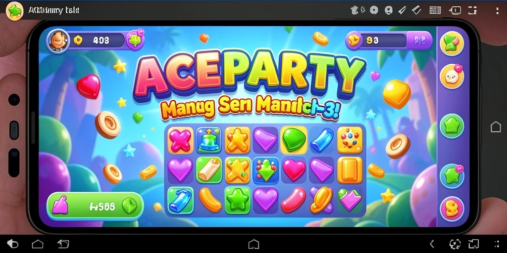 Tampilan gameplay menarik dalam ACEPARTY dengan permata berwarna-warni.