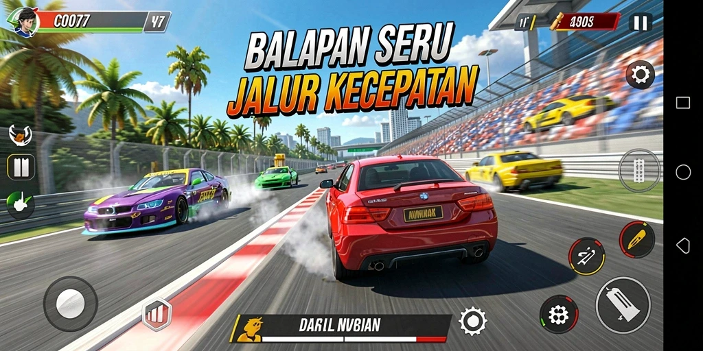 Screenshot menampilkan intensitas balapan C0077 dengan mobil yang melaju kencang.