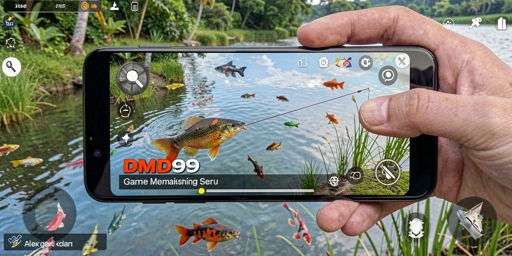 Screenshot DMD999 menampilkan pengguna sedang memancing dengan latar belakang laut yang indah.