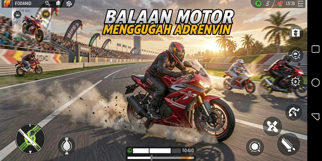 Screenshot gameplay FO8 menampilkan aksi balapan motor yang mendebarkan.