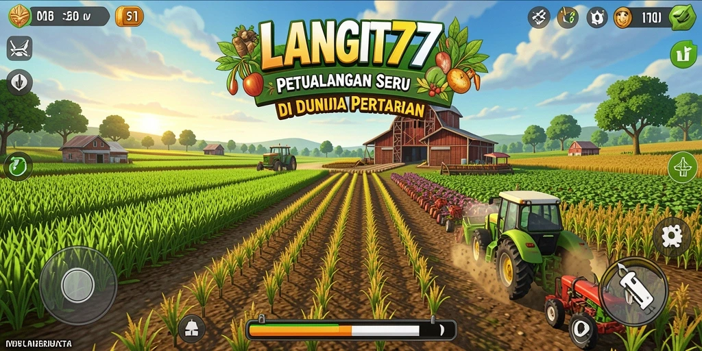 Screenshot utama LANGIT77 menampilkan kebun penuh tanaman hijau dan hewan yang ceria.
