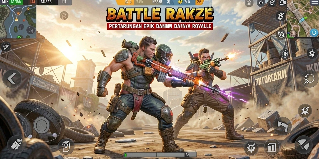 Tampilan aksi intens dalam game Battle Royale ME355.