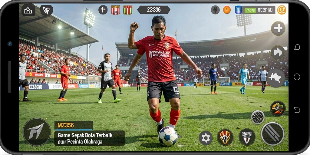 Screenshot gameplay MZ356 menampilkan aksi seru di lapangan sepak bola.