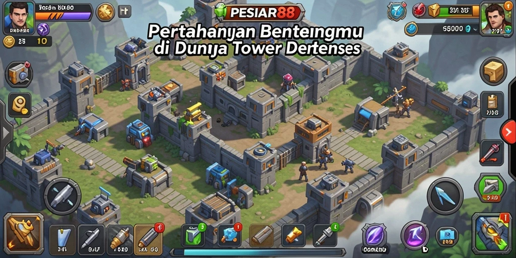 Screenshot gameplay <strong>PESIAR88</strong> menampilkan serangan menara dan musuh yang mendebarkan.