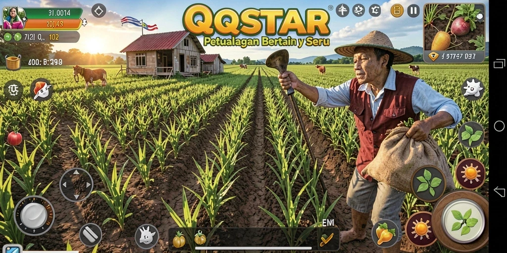 Screenshot gameplay QQSTAR menampilkan aktivitas bertani yang seru dan berwarna.