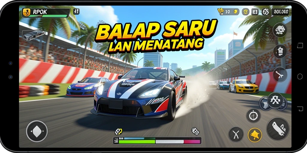 Screenshot gameplay RPOK menampilkan aksi balap yang mendebarkan.