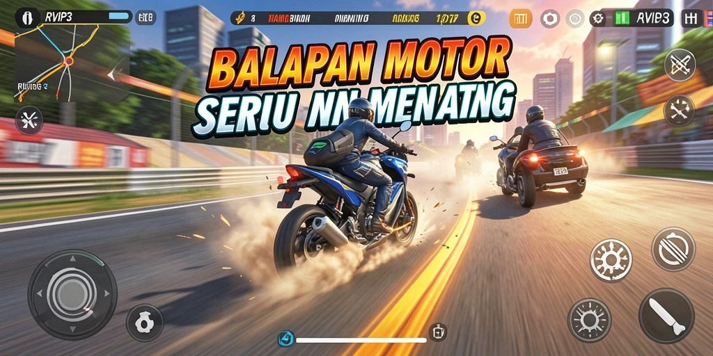 Screenshot gameplay RVIP3 yang menampilkan aksi balap motor seru.