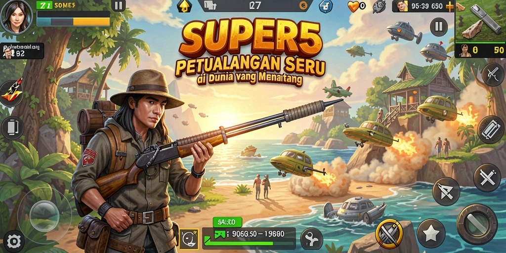 Screenshot gameplay SUPER5 menampilkan aksi petualangan yang mendebarkan.